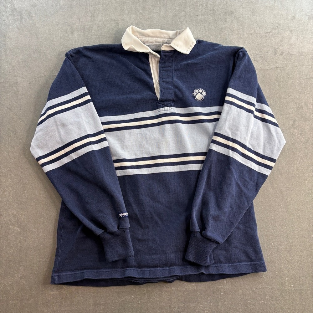 Barbarian Polo Shirt Mens L Blue Striped Rugby Long Sleeve Embroidered Paw‎ Logo